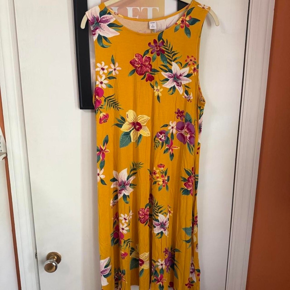 Old Navy Womens XL Mustard Yellow Floral Sleeveless Swing Dress Tropical Jersey